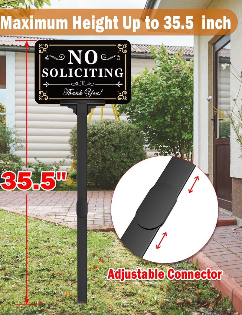 multiwins No Soliciting Sign for House with Stake - Adjustable Height - 12 x 8 Inch/37 Inch High - 50-mil Thick Aluminum -Metal No Soliciting Yard Sign for Home/Front Door and Business (Rectangle-Gold-02) - Image 2